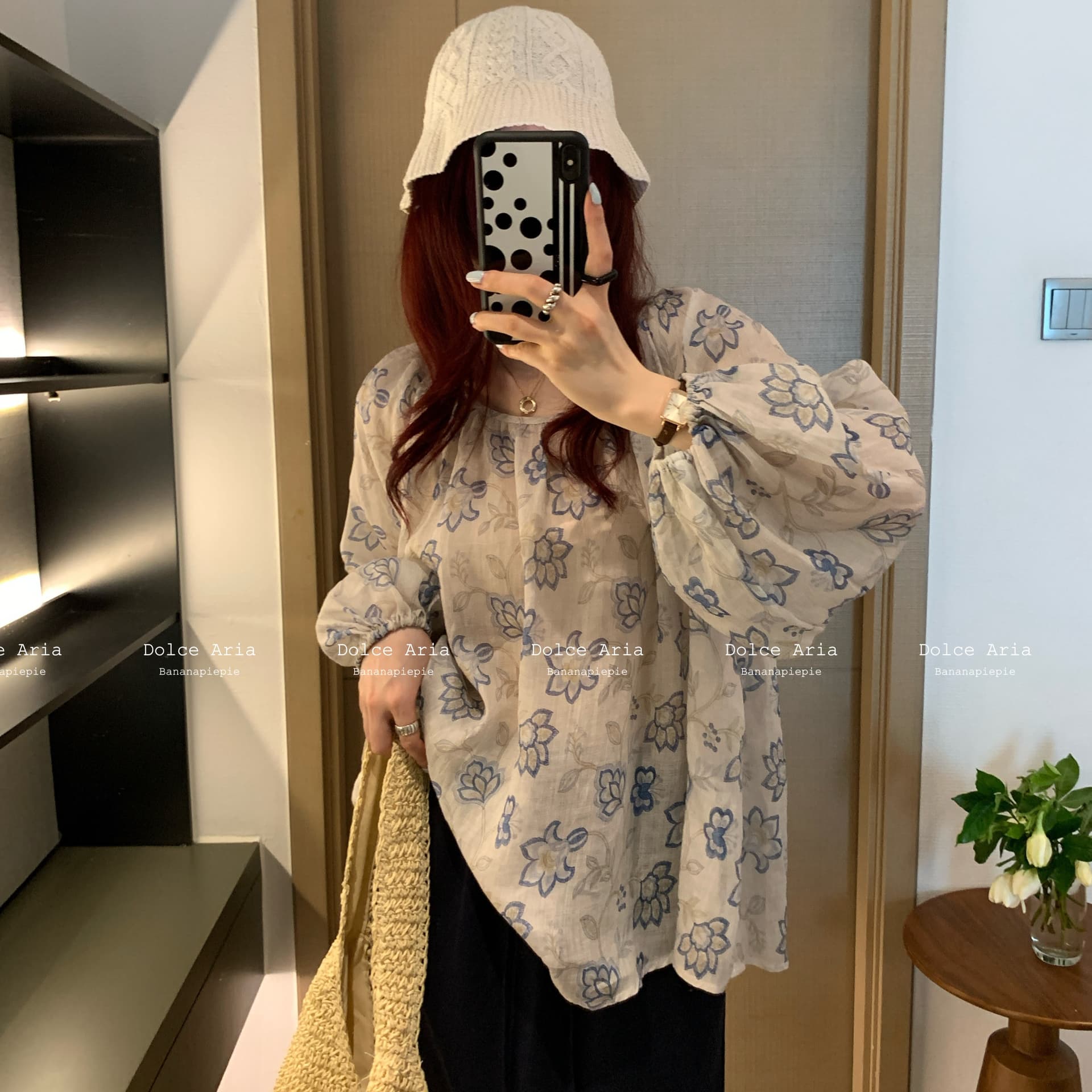 이른 가을 새로운 면 린넨 블루스 꽃무늬 인형 셔츠 여성 거품 소매 펌프 로프 셔츠 루즈핏 얇은 스타일 맨위