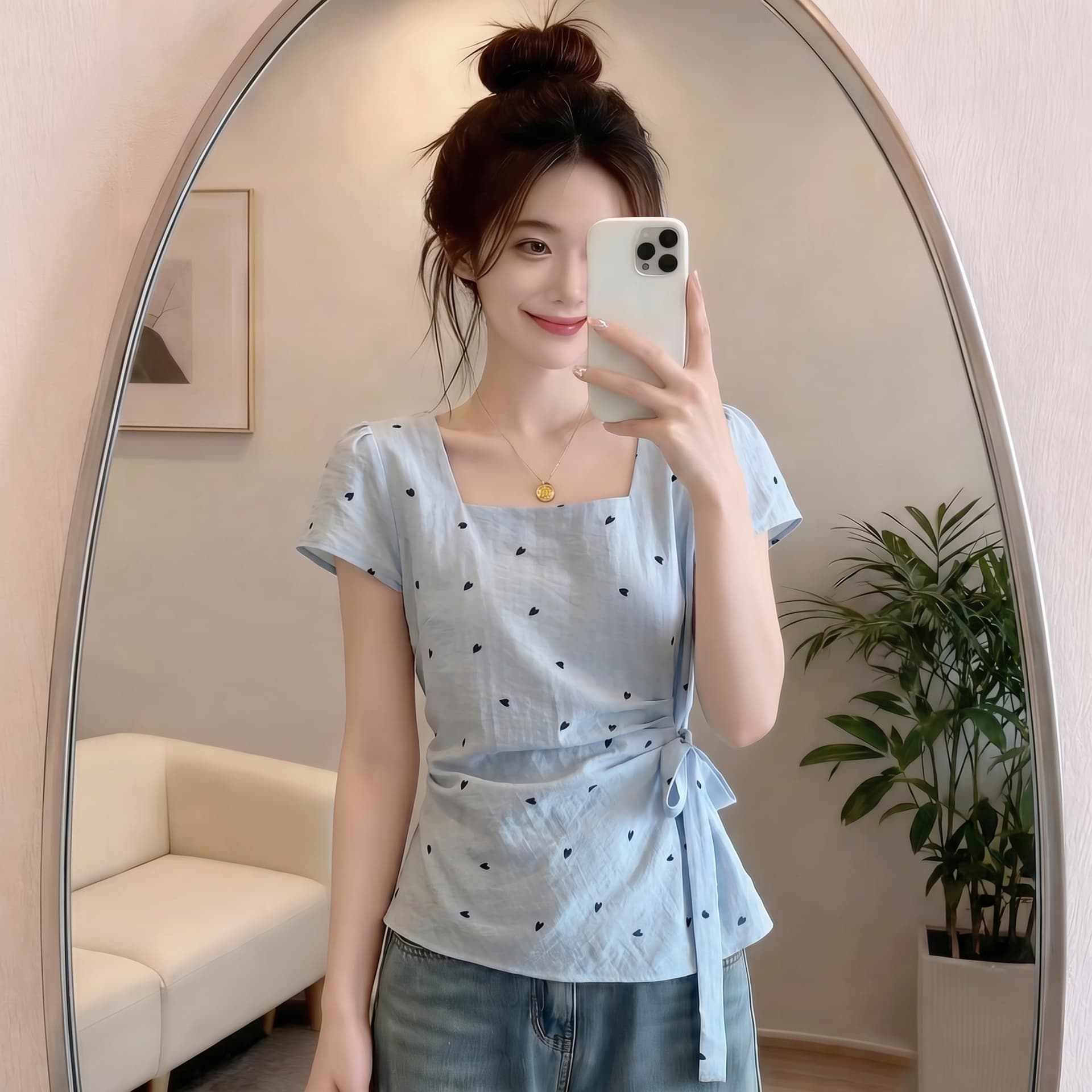여름 새로운 하늘색 광장 칼라 긍정적 인 어깨 반팔 여성 셔츠 지방 mm 연령 감소 작은 셔츠 스트랩 허리 수축 맨위 이미지 2