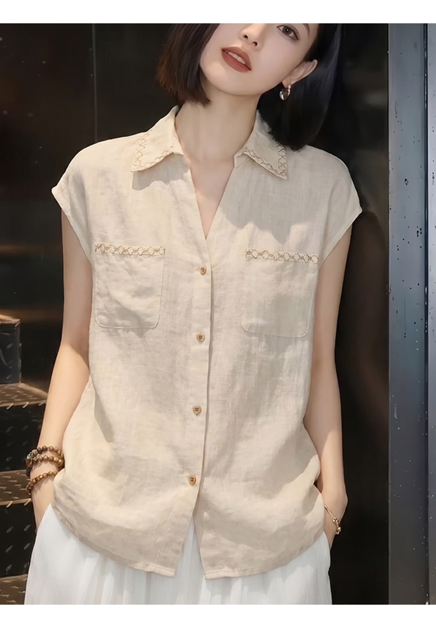 여름 새로운 살구 색상 캐주얼 자수 폴로 칼라 반팔 라미 여성 셔츠 빛 럭셔리 바람 다용도 느긋한 맨위 이미지 3