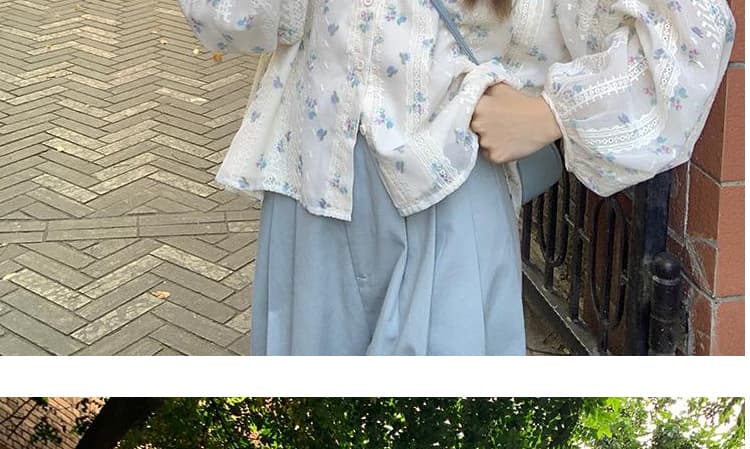 가을 의상 새로운 프랑스식 달콤함 거품 소매 꽃무늬 쉬폰 셔츠 부드러운 바람 레이스 자수 태양 보호 셔츠 상세 이미지 4