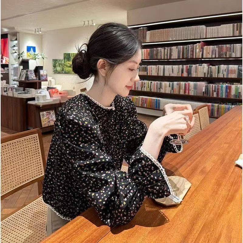 가을 의상 새로운 프랑스식 고급 센스 연령 감소 외국 가스 고유 한 Chic 아름다운 검정색 꽃무늬 셔츠 맨위 여성 상세 이미지 4