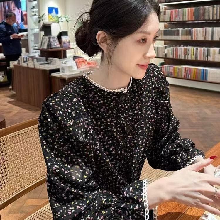 가을 의상 새로운 프랑스식 고급 센스 연령 감소 외국 가스 고유 한 Chic 아름다운 검정색 꽃무늬 셔츠 맨위 여성 상세 이미지 7