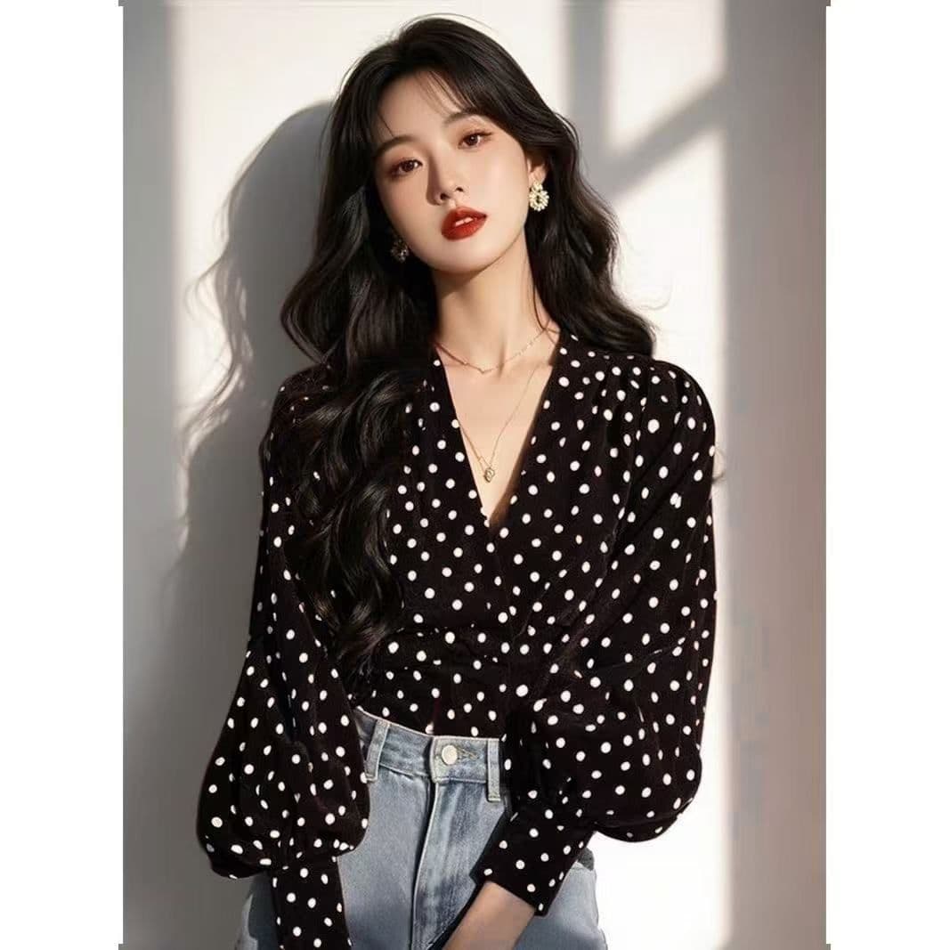 가을 의상 새로운 도트 무늬 프랑스식 작은 대중 디자인 Chic 목 꽃 품격 긴팔 셔츠 셔츠 맨위 이미지 2