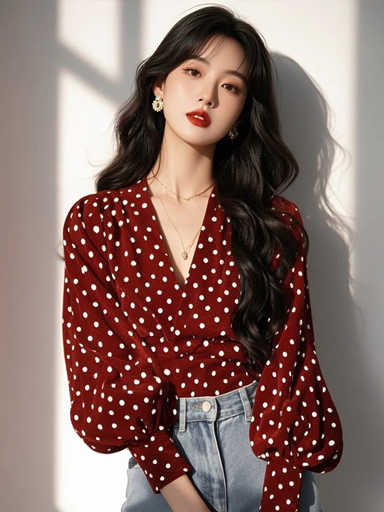 가을 의상 새로운 도트 무늬 프랑스식 작은 대중 디자인 Chic 목 꽃 품격 긴팔 셔츠 셔츠 맨위 상세 이미지 5