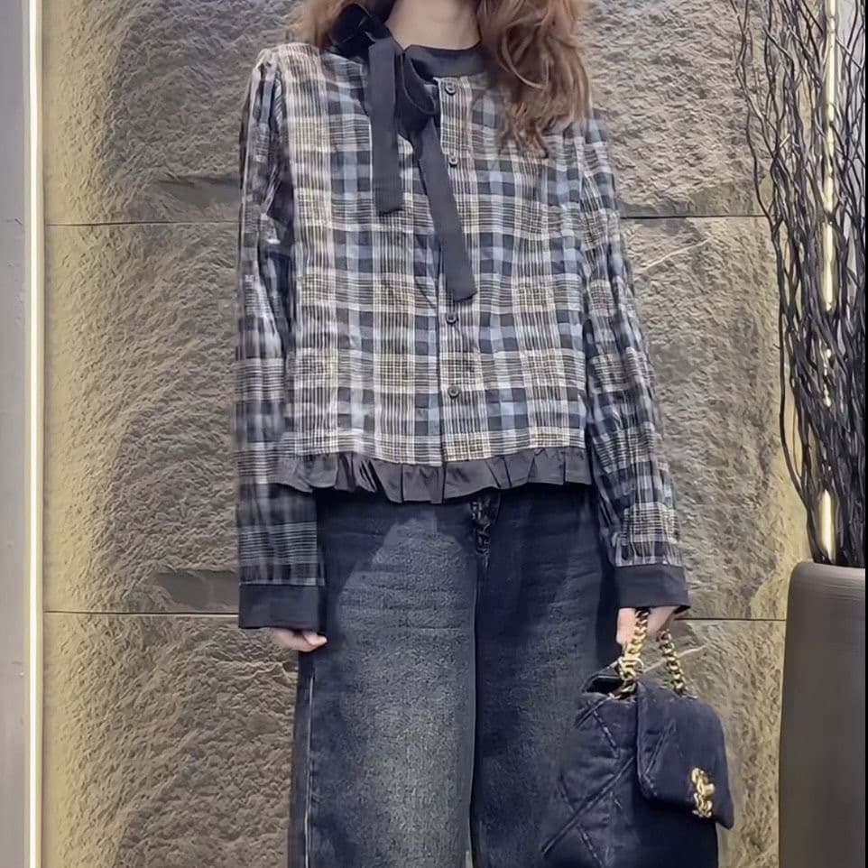 가을 의상 새로운 한 부서 레트로 스타일 체크무늬 맨위 라운드 넥 디자인 캐주얼 패션 셔츠 이미지 3