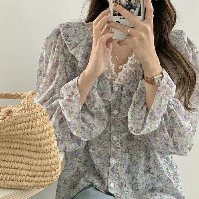 가을 의상 새로운 꽃무늬 달콤함 셔츠 프랑스식 연꽃 잎 디자인 센스 작은 대중 긴팔 항구 바람 출퇴근 맨위 쉬폰 블라우스 이미지 5