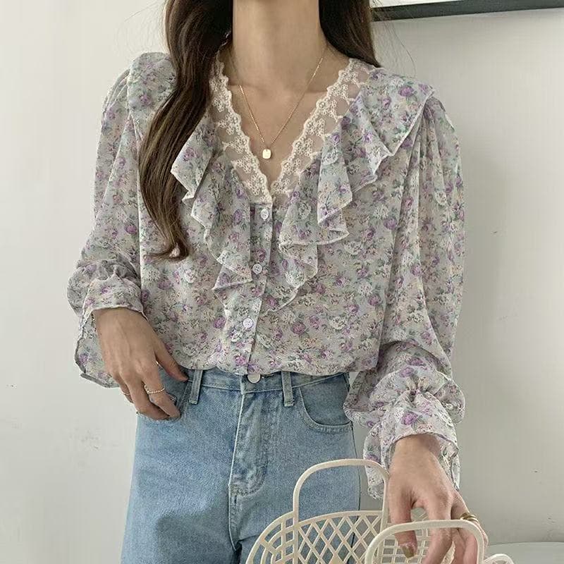 가을 의상 새로운 꽃무늬 달콤함 셔츠 프랑스식 연꽃 잎 디자인 센스 작은 대중 긴팔 항구 바람 출퇴근 맨위 쉬폰 블라우스 상세 이미지 4