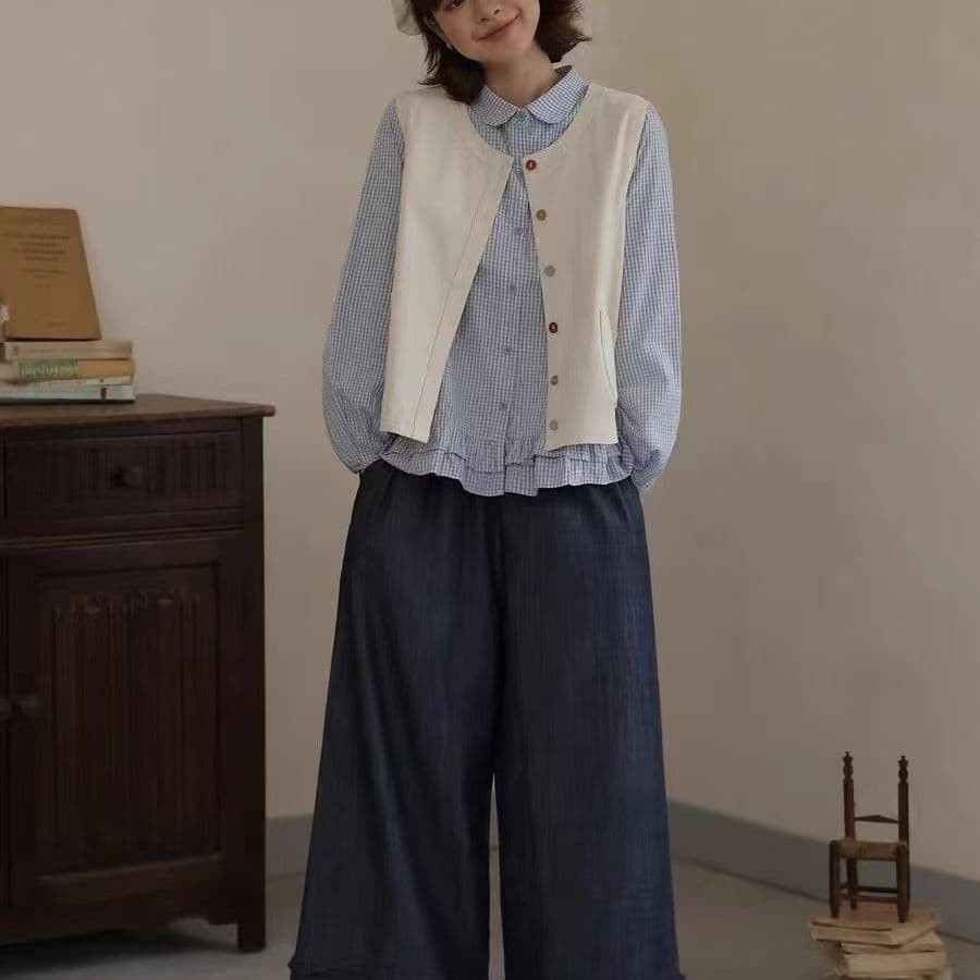 가을 의상 새로운 일본식 문예 레트로 폴로 칼라 긴팔 여성 셔츠 스택 착용 인사이드 가져 가라. 면 소재 맨위 작은 키 셔츠 이미지 2