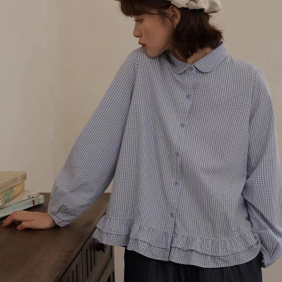 가을 의상 새로운 일본식 문예 레트로 폴로 칼라 긴팔 여성 셔츠 스택 착용 인사이드 가져 가라. 면 소재 맨위 작은 키 셔츠 상세 이미지 9