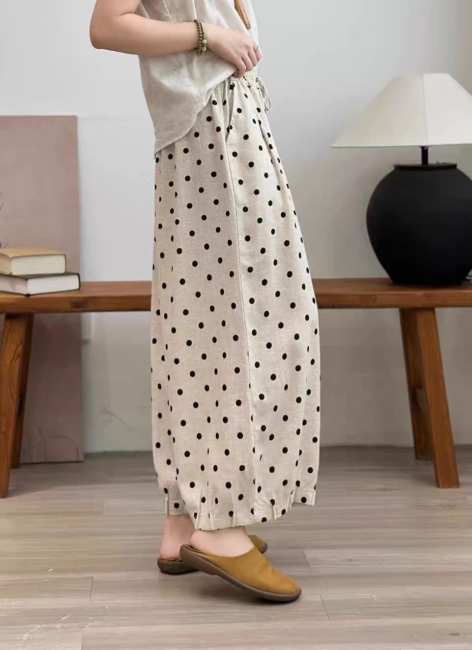 여름 드레스 새로운 면 린넨 와이드 레그 팬츠 문예 팬 빅 사이즈 루즈핏 캐주얼 도트 무늬 꽃무늬 다용도 9부 바지 미니멀리즘 섹션 이미지 2