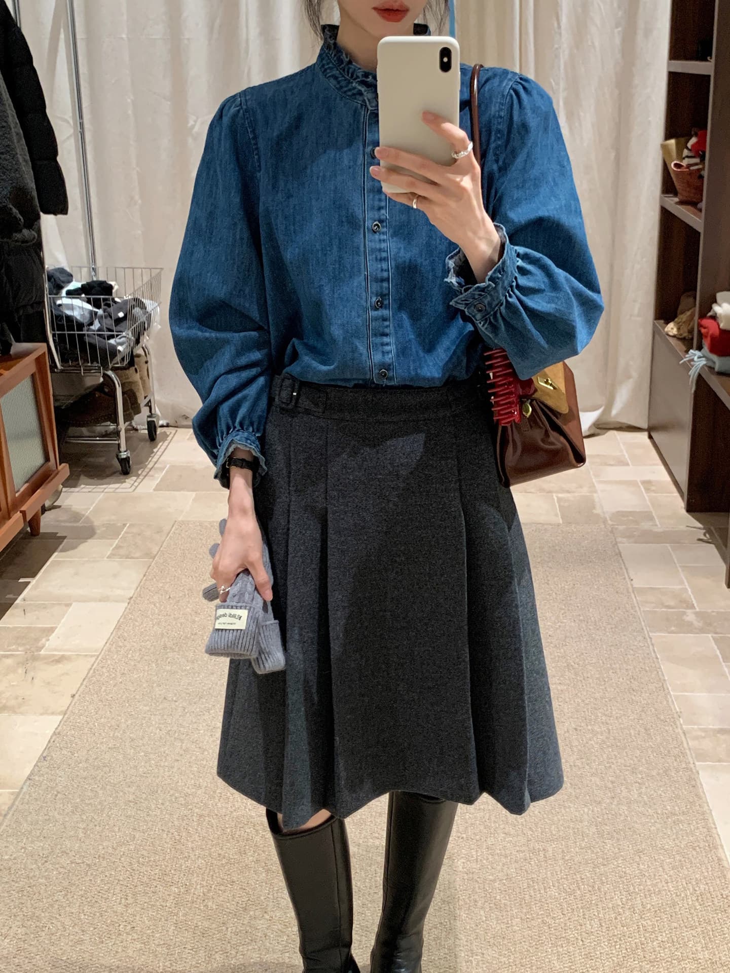 가을 의상 새로운 ynvn 한 부서 레이스 칼라 연삭 털 데님 셔츠 여성 의류 디자인 센스 작은 대중 긴팔 셔츠 상세 이미지 9