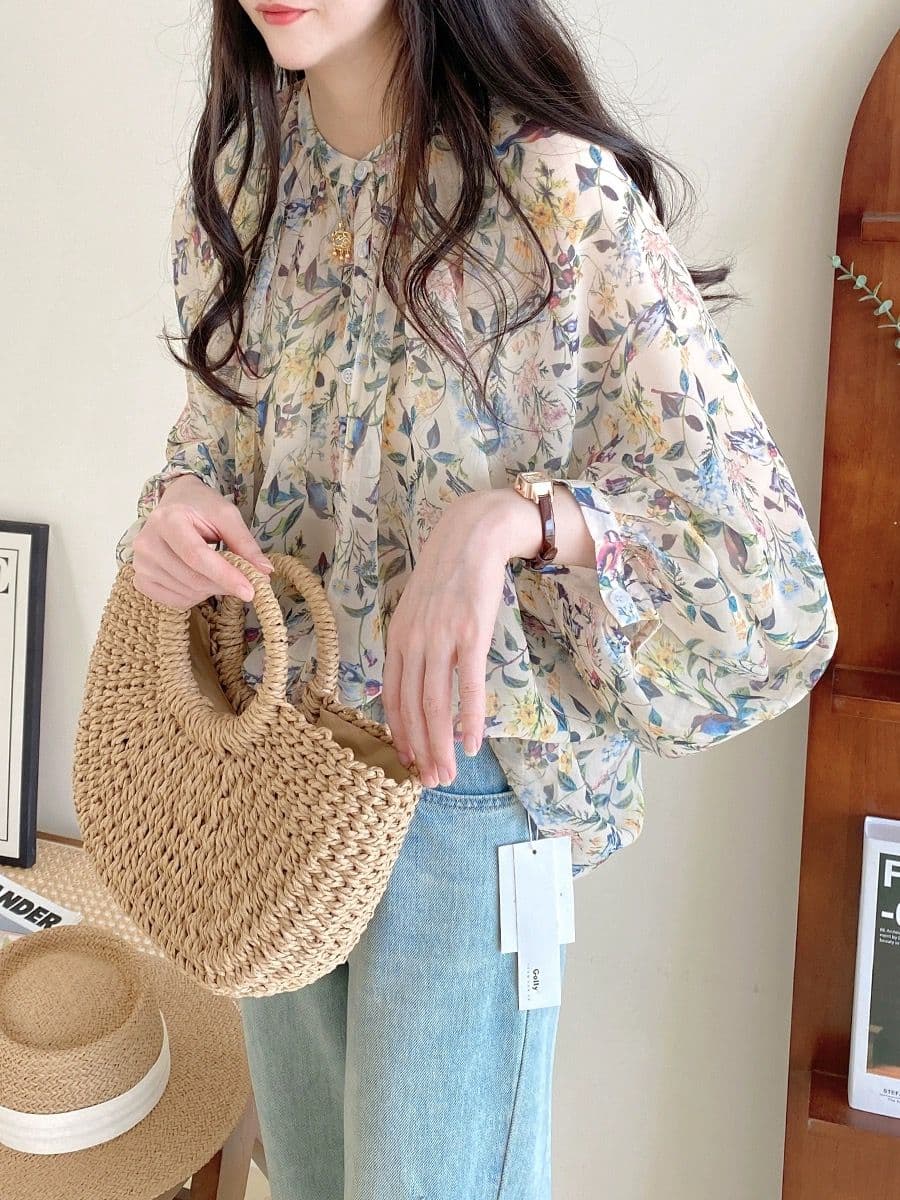 가을 의상 새로운 쉬폰 톱 루즈핏 패션 슬림해 보이는 블라우스 Tulle 랜턴 꽃무늬 긴팔 자외선 차단 외출용 상세 이미지 8