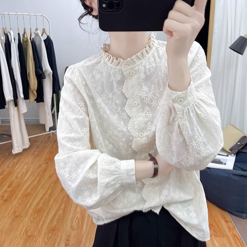 가을 의상 새로운 한국 순면 레이스 칼라 레이스 자수 긴팔 셔츠 여성 셔츠 패션 셔츠 이미지 3