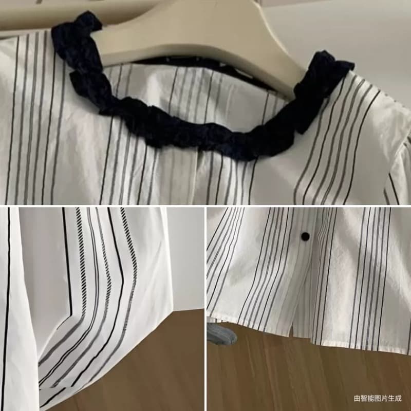 가을 의상 새로운 라운드 넥 스트라이프 면 린넨 여성 셔츠 한 부서 루즈핏 프릴 디자인 센스 맨위 트렌디 섹션 셔츠 이미지 5