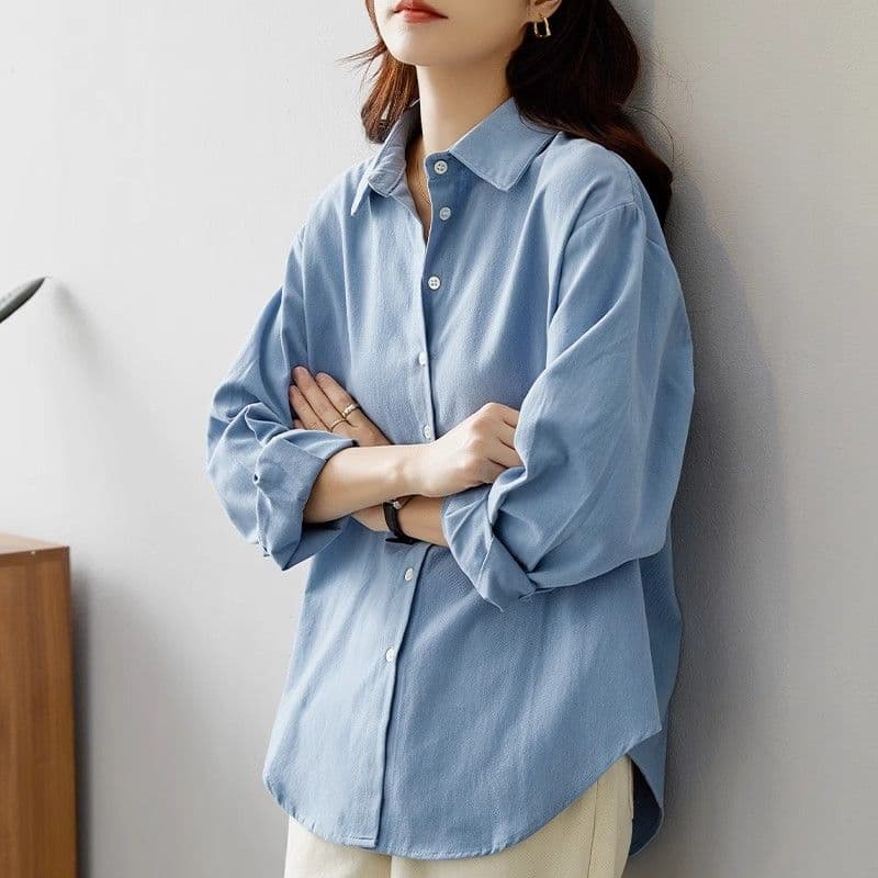 2026 가을 의상 순면 파란색 긴팔 셔츠 여성 셔츠 출퇴근 착용 가져 가라. 캐주얼 블루 셔츠