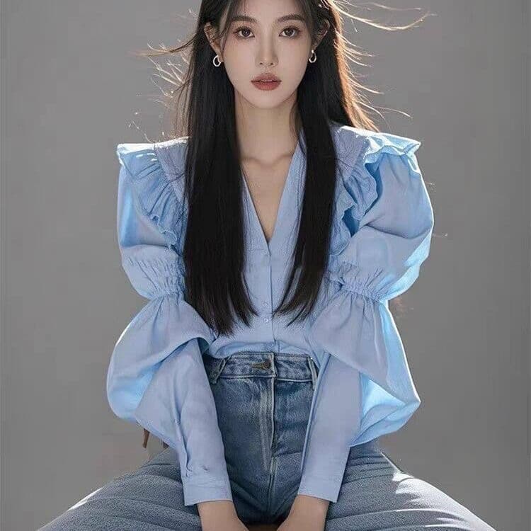 가을 의상 새로운 프랑스식 파란색 V넥 긴팔 여성 셔츠 고유 한 아름다운 작은 셔츠 디자인 센스 루즈핏 긴팔 맨위 이미지 4
