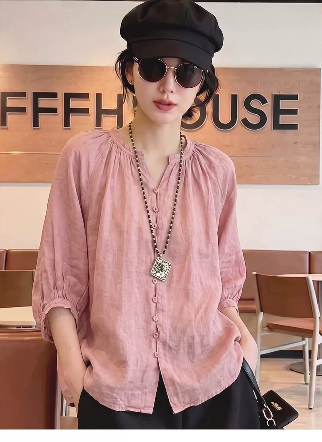 가을 의상 새로운 빅 사이즈 여성 의류 프랑스식 패션 문예 셔츠 단색 다용도 캐주얼 통기성 아마 맨위 상세 이미지 3