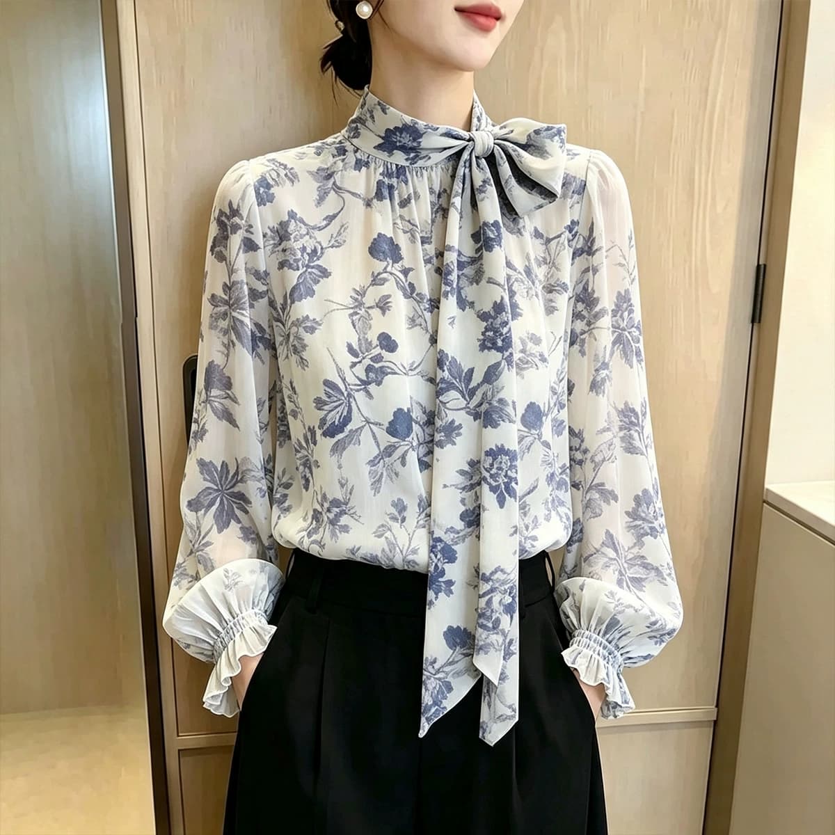가을 의상 새로운 프랑스식 사소한 고급 센스 프린트 나비 매듭 긴팔 여성 외국 가스 연령 감소 패션 맨위 이미지 5