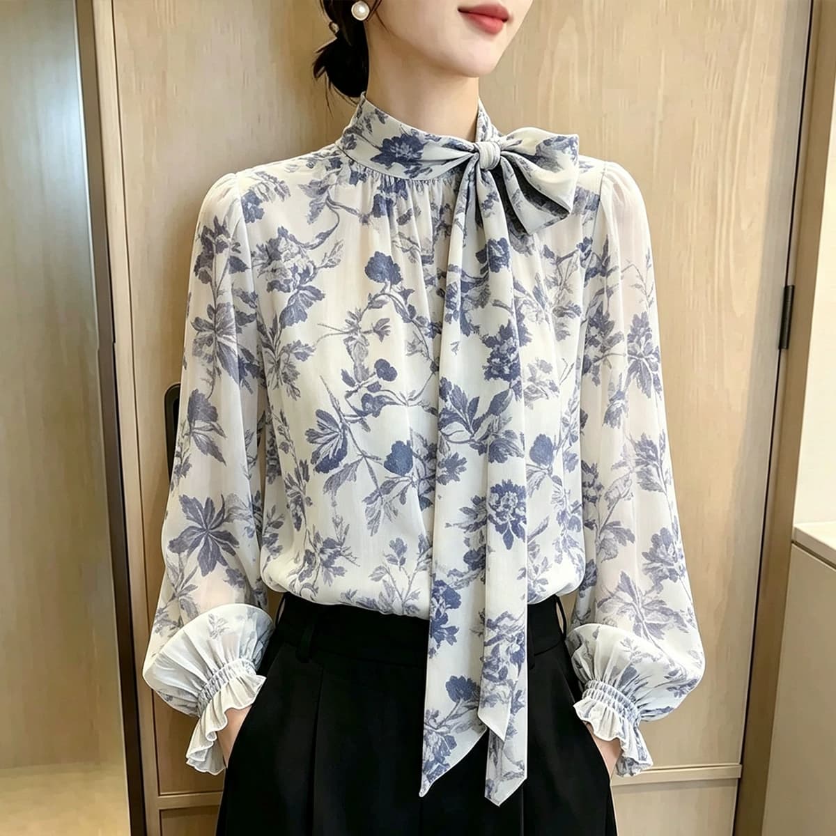 가을 의상 새로운 프랑스식 사소한 고급 센스 프린트 나비 매듭 긴팔 여성 외국 가스 연령 감소 패션 맨위 상세 이미지 7