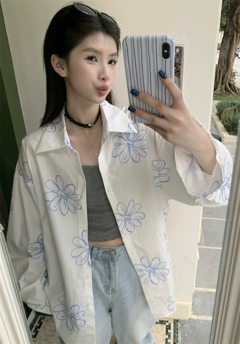 가을 의상 새로운 한국 스타일 느긋한 디자인 센스 프린트 긴팔 화이트 미니멀리즘 셔츠 루즈핏 다용도 자외선 차단 맨위 상세 이미지 2