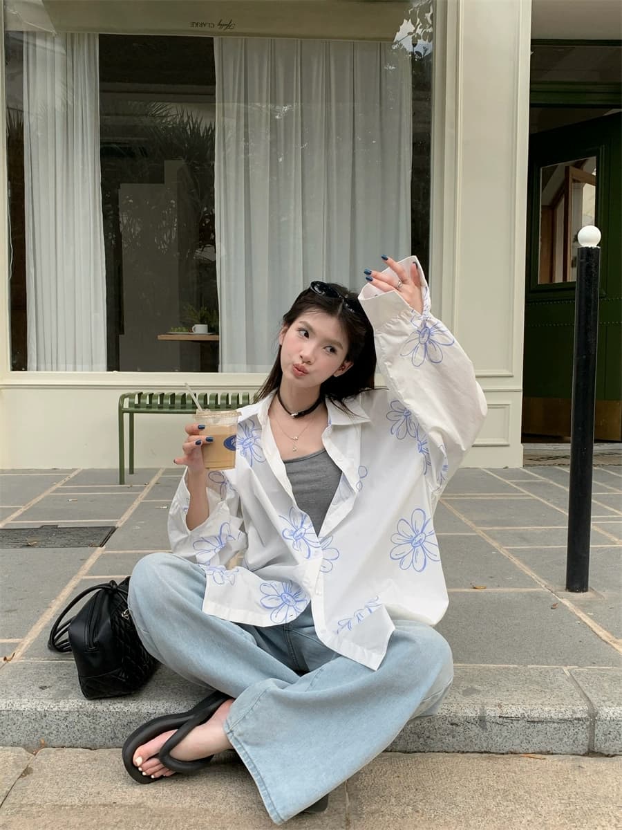 가을 의상 새로운 한국 스타일 느긋한 디자인 센스 프린트 긴팔 화이트 미니멀리즘 셔츠 루즈핏 다용도 자외선 차단 맨위 상세 이미지 5