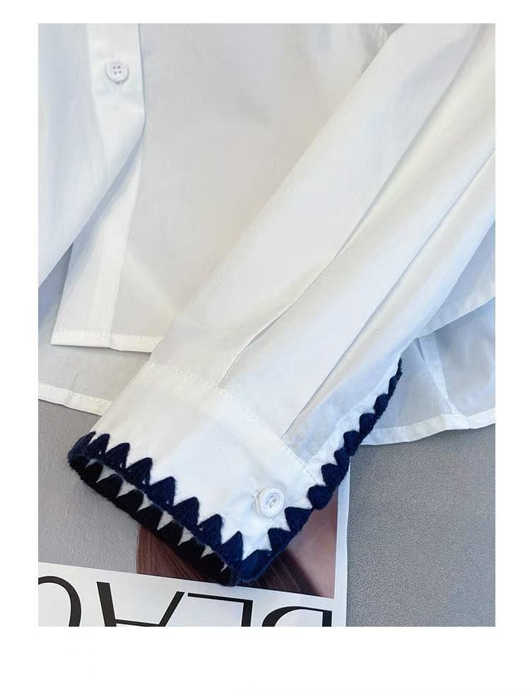 가을 의상 새로운 한국 스타일 자수 배색 패치워크 폴로 칼라 긴팔 여성 셔츠 연령 감소 루즈핏 슬림해 보이는 셔츠 맨위 상세 이미지 25