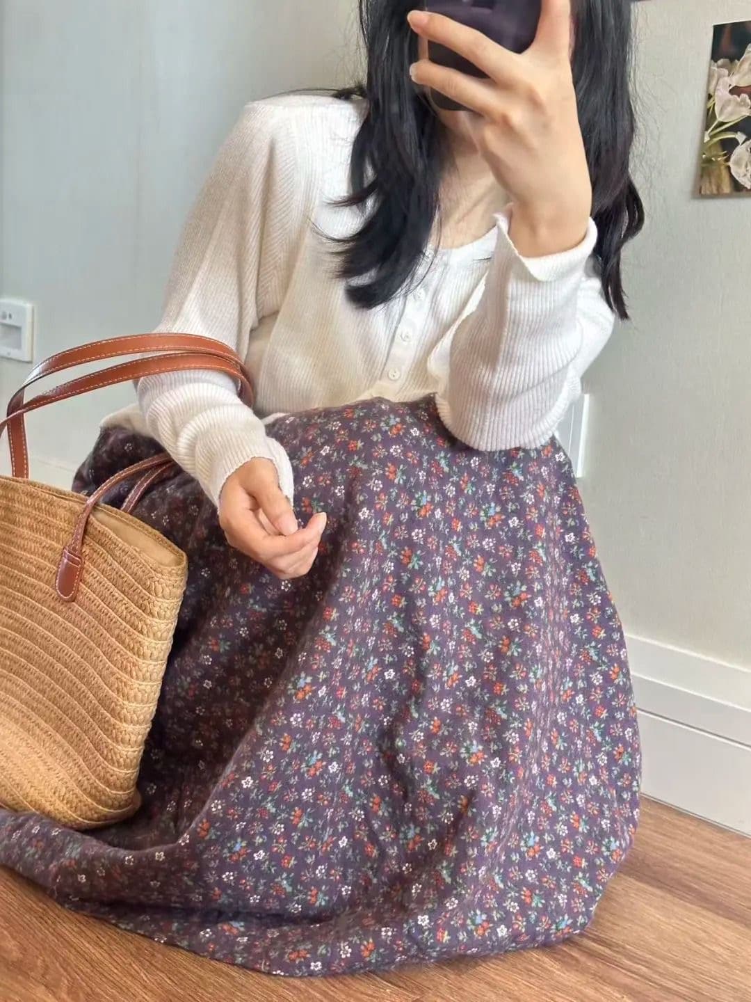 가을 겨울 의류 고대 복장 센스 보라색 꽃무늬 반신 스커트 높은 품질 연삭 털 우산 치마 문예 센 부서 다용도 중간 길이 상세 이미지 5