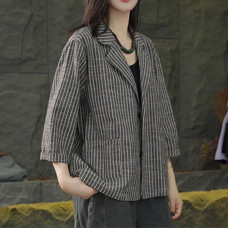 가을 의상 새로운 스트라이프 작은 양복 여성 코트 얇은 스타일 문예 레트로 루즈핏 캐주얼 9부 소매 오픈 가디건 맨위 상세 이미지 5