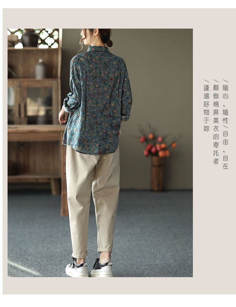 가을 의상 새로운 레트로 문예 꽃무늬 긴팔 순면 셔츠 여성 캐주얼 다용도 루즈핏 면 린넨 맨위 상세 이미지 10