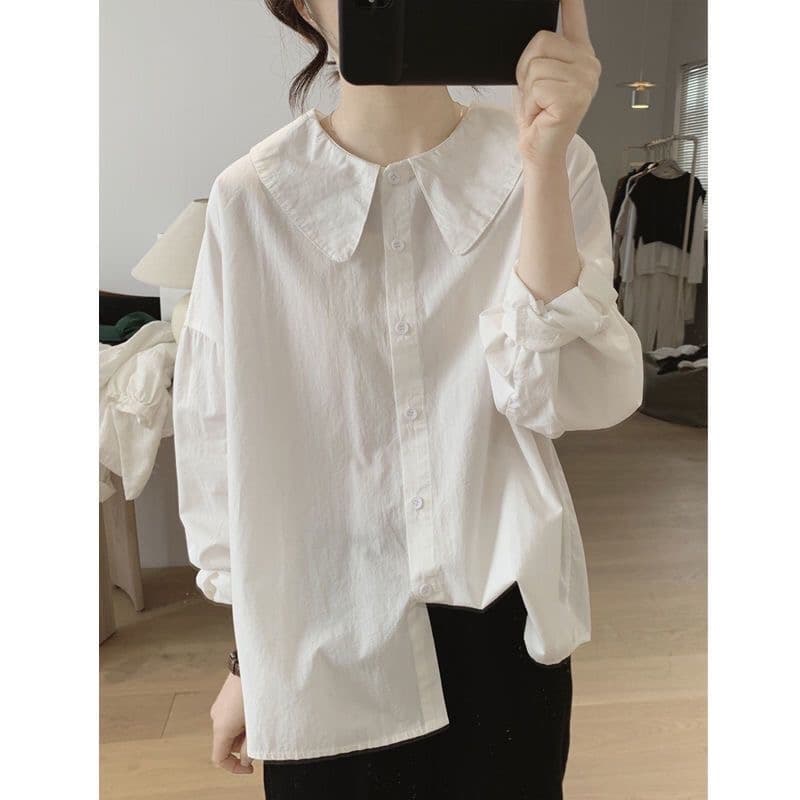가을 의상 새로운 베이비 칼라 여성 셔츠 면 외국 가스 여성 셔츠 작은 키 셔츠 표지 배 셔츠 이미지 4