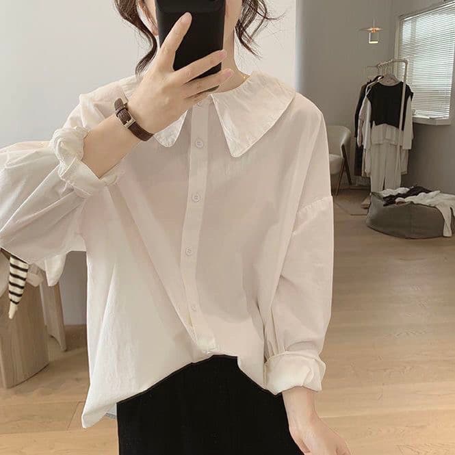 가을 의상 새로운 베이비 칼라 여성 셔츠 면 외국 가스 여성 셔츠 작은 키 셔츠 표지 배 셔츠 이미지 2