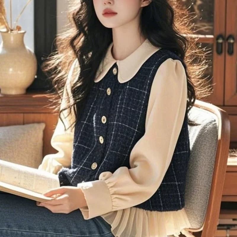 가을 의상 새로운 레트로 체크무늬 페이크 레이어드 셔츠 여성 긴 소매 베이비 칼라 아름다운 아름다운 슈퍼 잘 생긴 고유 한 맨위 이미지 5