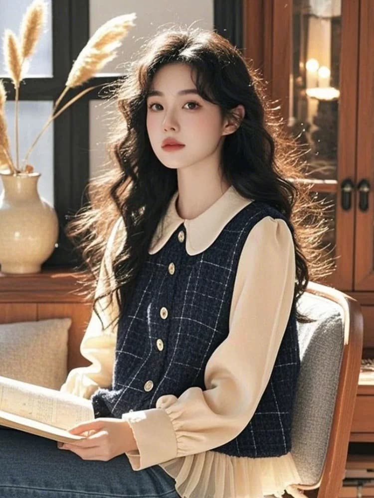 가을 의상 새로운 레트로 체크무늬 페이크 레이어드 셔츠 여성 긴 소매 베이비 칼라 아름다운 아름다운 슈퍼 잘 생긴 고유 한 맨위 상세 이미지 6