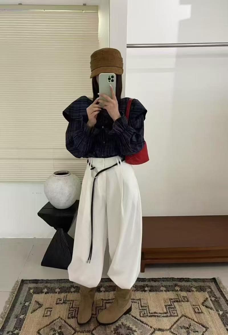 가을 의상 새로운 자이언트 잘 생긴 ~ 중 레트로 체크무늬 한 부서 착용 가져 가라. 오프숄더 프릴 칼라 긴팔 셔츠 작은 셔츠 맨위 상세 이미지 4