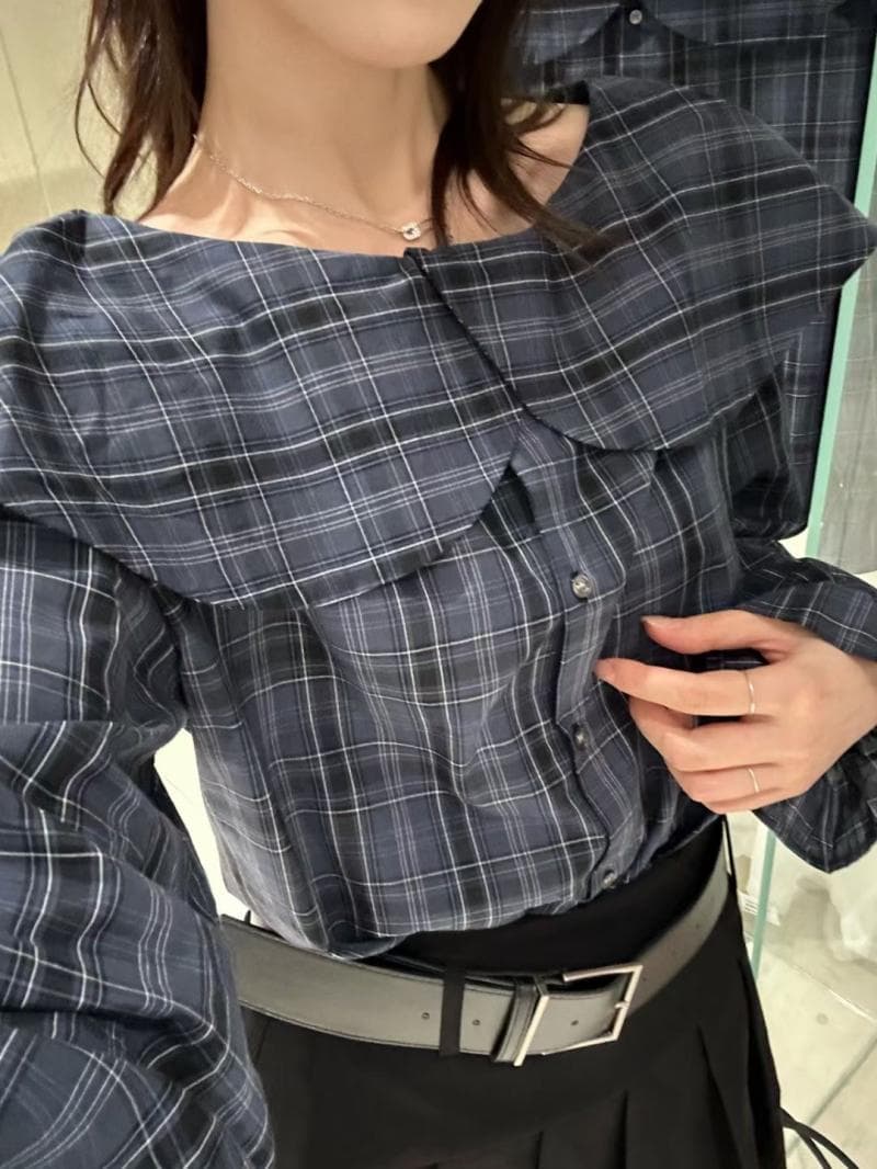 가을 의상 새로운 자이언트 잘 생긴 ~ 중 레트로 체크무늬 한 부서 착용 가져 가라. 오프숄더 프릴 칼라 긴팔 셔츠 작은 셔츠 맨위 상세 이미지 8