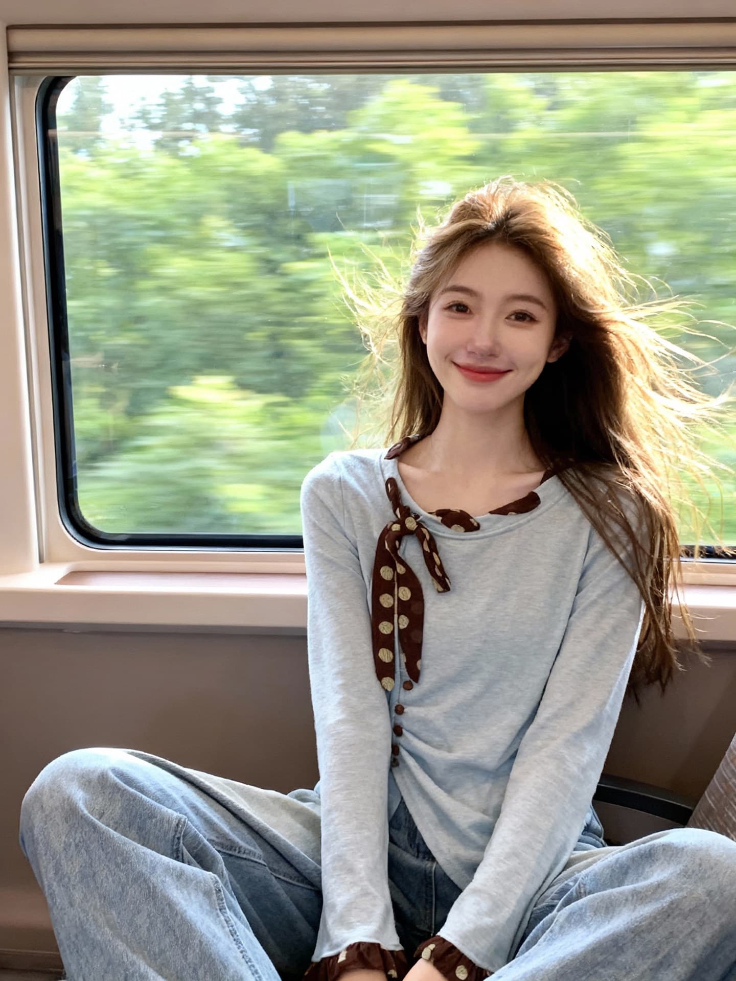 가을 의상 새로운 하늘색 배색 리본 티셔츠 도트 무늬 나비 매듭 장식 루즈핏 슬림해 보이는 캐주얼 긴팔 맨위 이미지 2