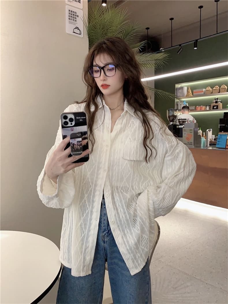 가을 의상 빅 사이즈 지방 mm 디자인 센스 홀로우 아웃 자외선 차단 의류 루즈핏 캐주얼 표지 고기 셔츠 상세 이미지 4