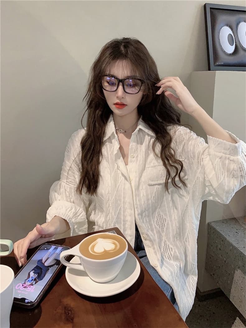 가을 의상 빅 사이즈 지방 mm 디자인 센스 홀로우 아웃 자외선 차단 의류 루즈핏 캐주얼 표지 고기 셔츠 상세 이미지 5