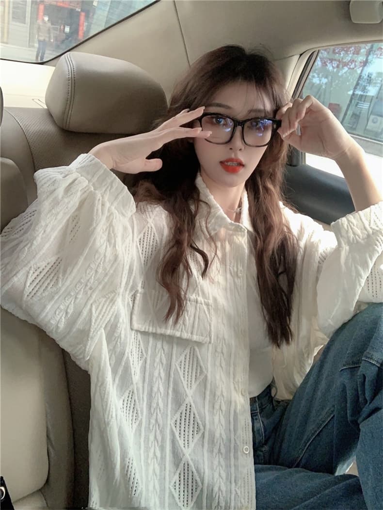 가을 의상 빅 사이즈 지방 mm 디자인 센스 홀로우 아웃 자외선 차단 의류 루즈핏 캐주얼 표지 고기 셔츠 상세 이미지 7