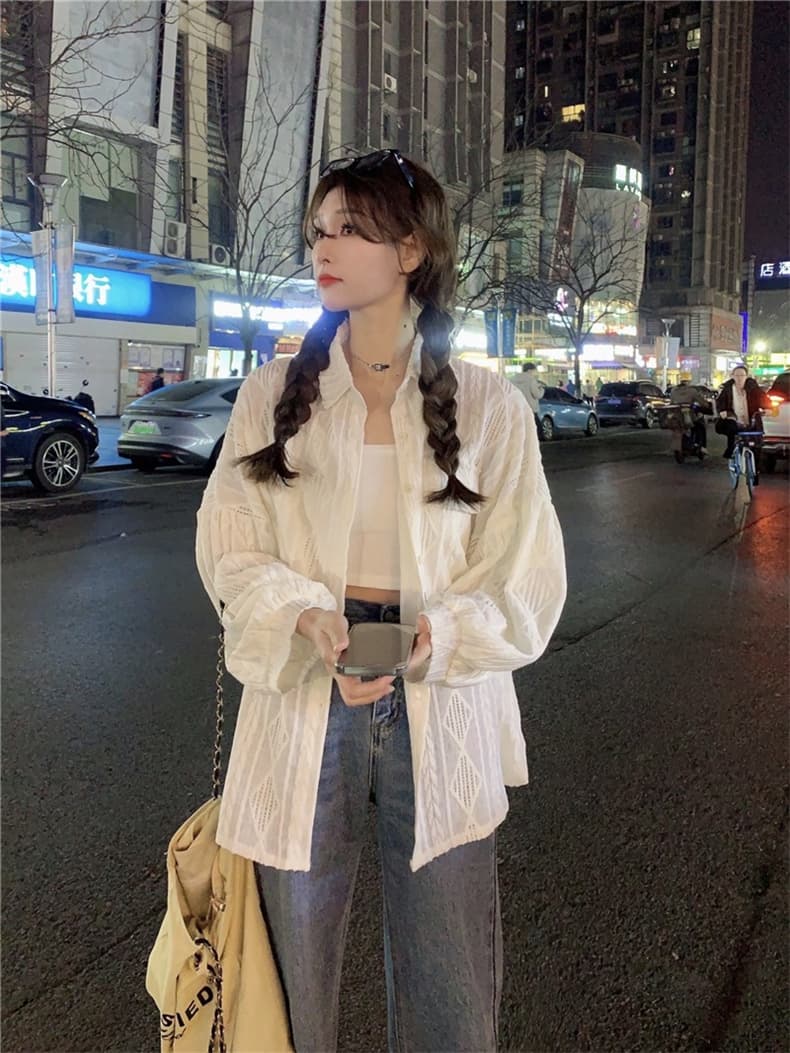 가을 의상 빅 사이즈 지방 mm 디자인 센스 홀로우 아웃 자외선 차단 의류 루즈핏 캐주얼 표지 고기 셔츠 상세 이미지 13