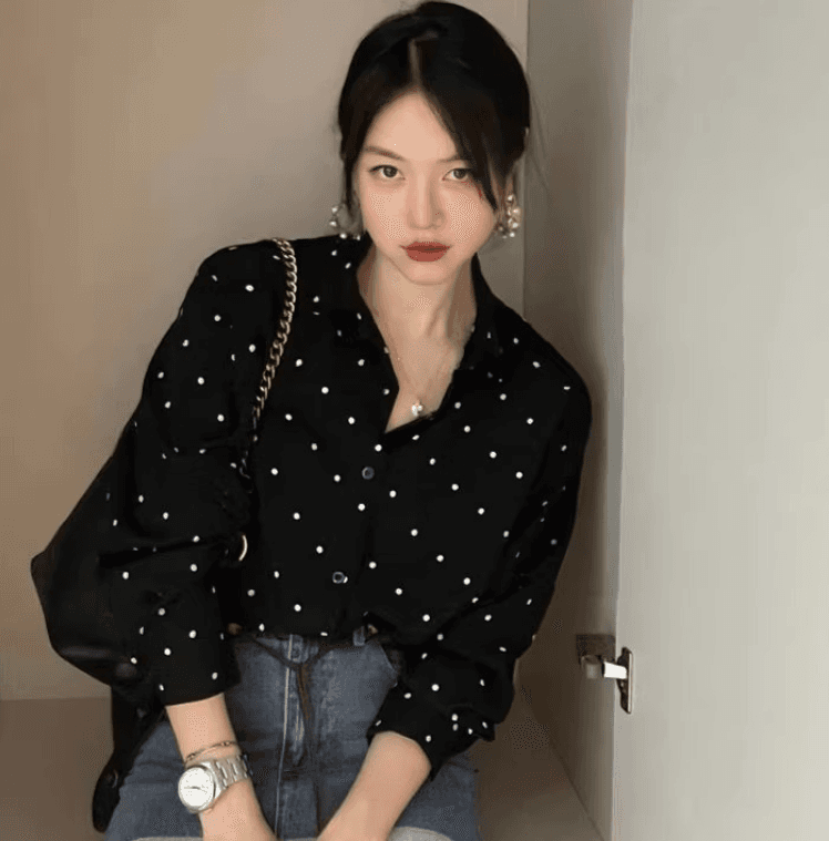 가을 의상 빅 사이즈 여성 의류 한국 chic 그는 벤 바람 폴로 칼라 배색 도트 무늬 루즈핏 다용도 긴팔 셔츠 이미지 3
