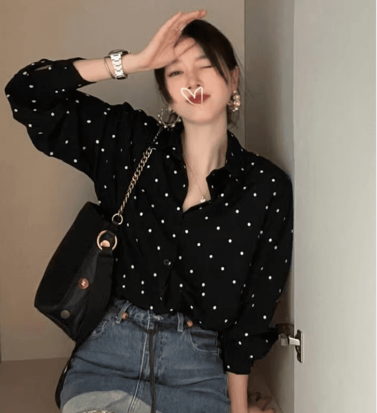 가을 의상 빅 사이즈 여성 의류 한국 chic 그는 벤 바람 폴로 칼라 배색 도트 무늬 루즈핏 다용도 긴팔 셔츠