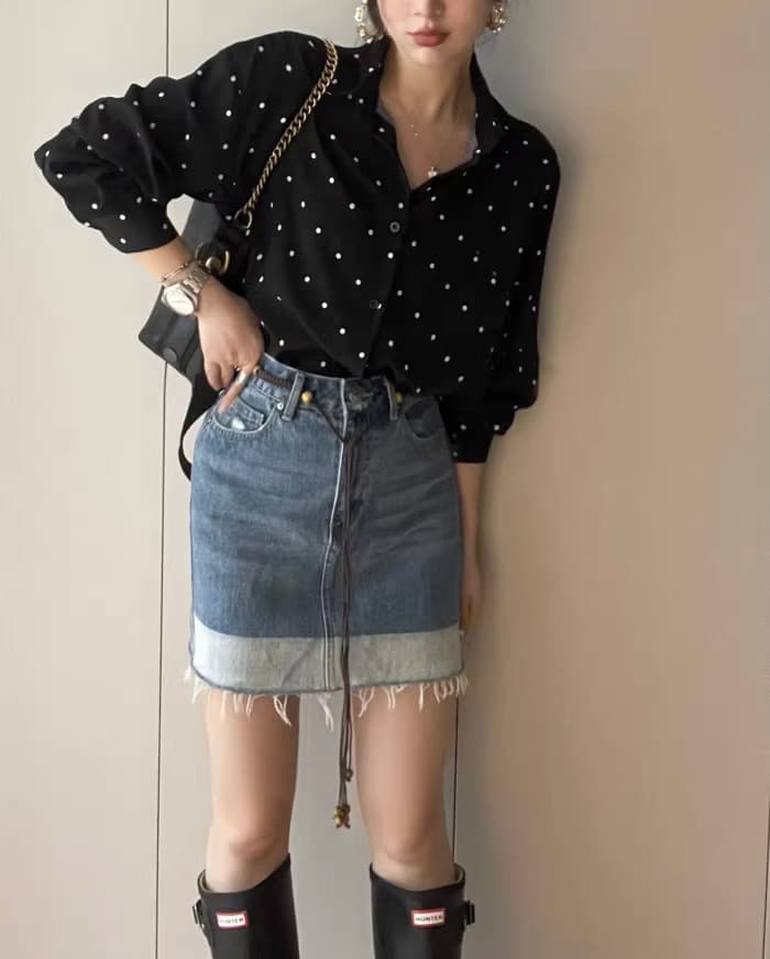 가을 의상 빅 사이즈 여성 의류 한국 chic 그는 벤 바람 폴로 칼라 배색 도트 무늬 루즈핏 다용도 긴팔 셔츠 상세 이미지 2
