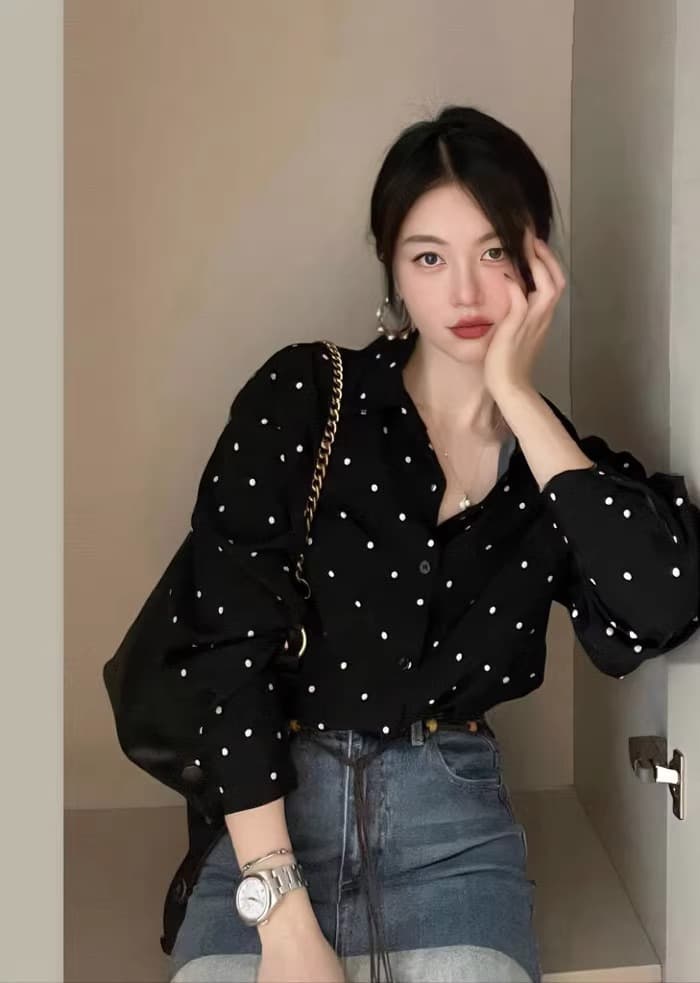 가을 의상 빅 사이즈 여성 의류 한국 chic 그는 벤 바람 폴로 칼라 배색 도트 무늬 루즈핏 다용도 긴팔 셔츠 상세 이미지 4