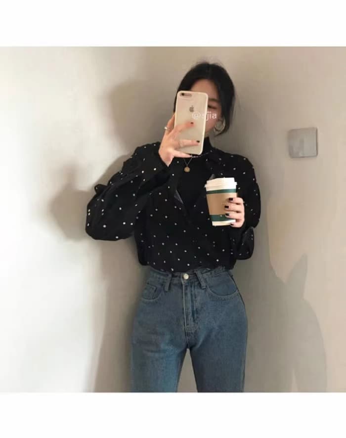 가을 의상 빅 사이즈 여성 의류 한국 chic 그는 벤 바람 폴로 칼라 배색 도트 무늬 루즈핏 다용도 긴팔 셔츠 상세 이미지 6