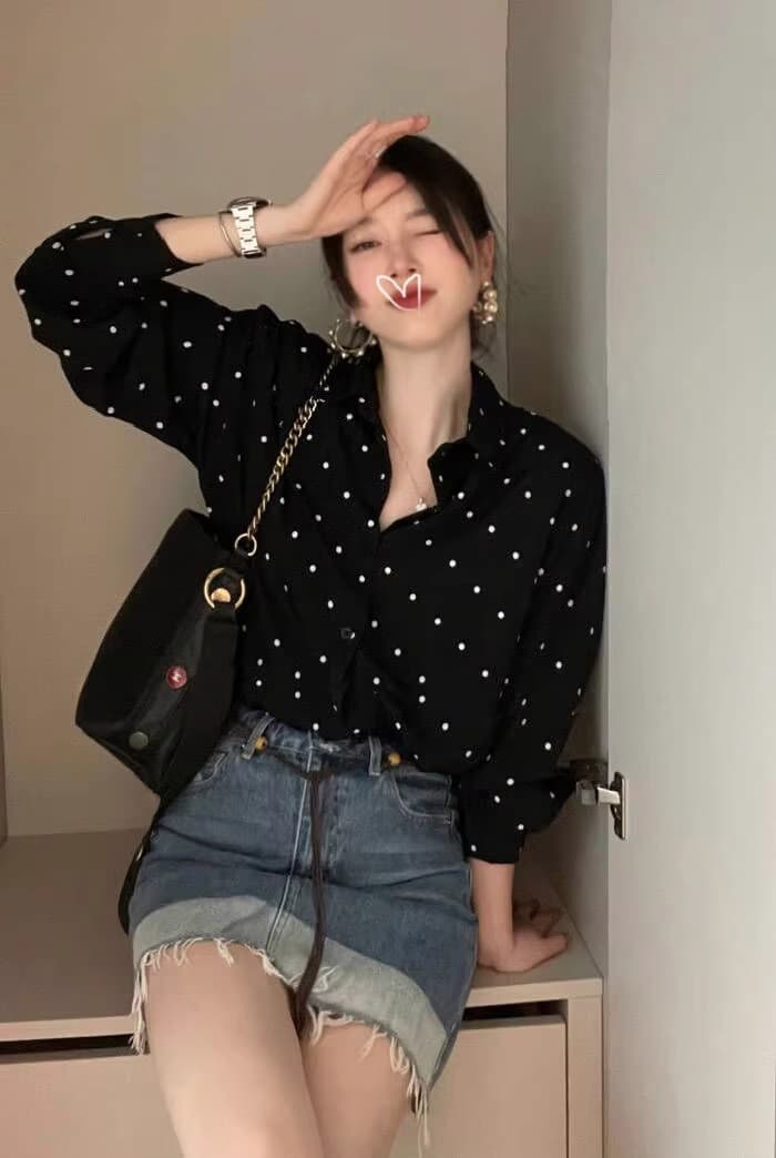 가을 의상 빅 사이즈 여성 의류 한국 chic 그는 벤 바람 폴로 칼라 배색 도트 무늬 루즈핏 다용도 긴팔 셔츠 상세 이미지 8