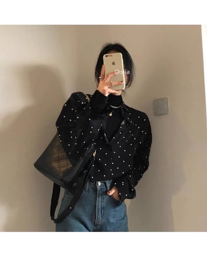 가을 의상 빅 사이즈 여성 의류 한국 chic 그는 벤 바람 폴로 칼라 배색 도트 무늬 루즈핏 다용도 긴팔 셔츠 상세 이미지 9