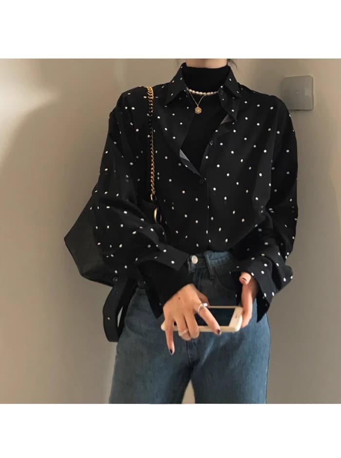 가을 의상 빅 사이즈 여성 의류 한국 chic 그는 벤 바람 폴로 칼라 배색 도트 무늬 루즈핏 다용도 긴팔 셔츠 상세 이미지 10