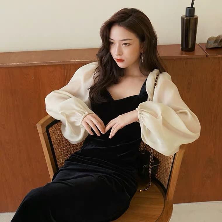 가을 의상 새로운 한국 스타일 금사 벨벳 드레스 광장 칼라 거품 소매 빅 사이즈 슬림해 보이는 드레스 상세 이미지 3