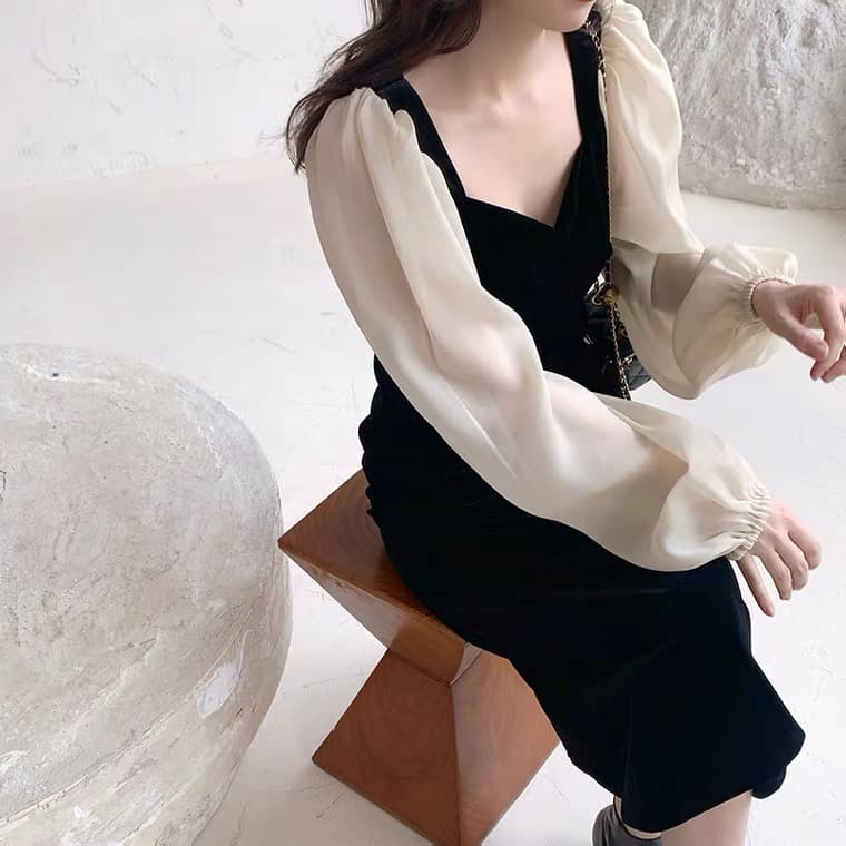 가을 의상 새로운 한국 스타일 금사 벨벳 드레스 광장 칼라 거품 소매 빅 사이즈 슬림해 보이는 드레스 상세 이미지 4